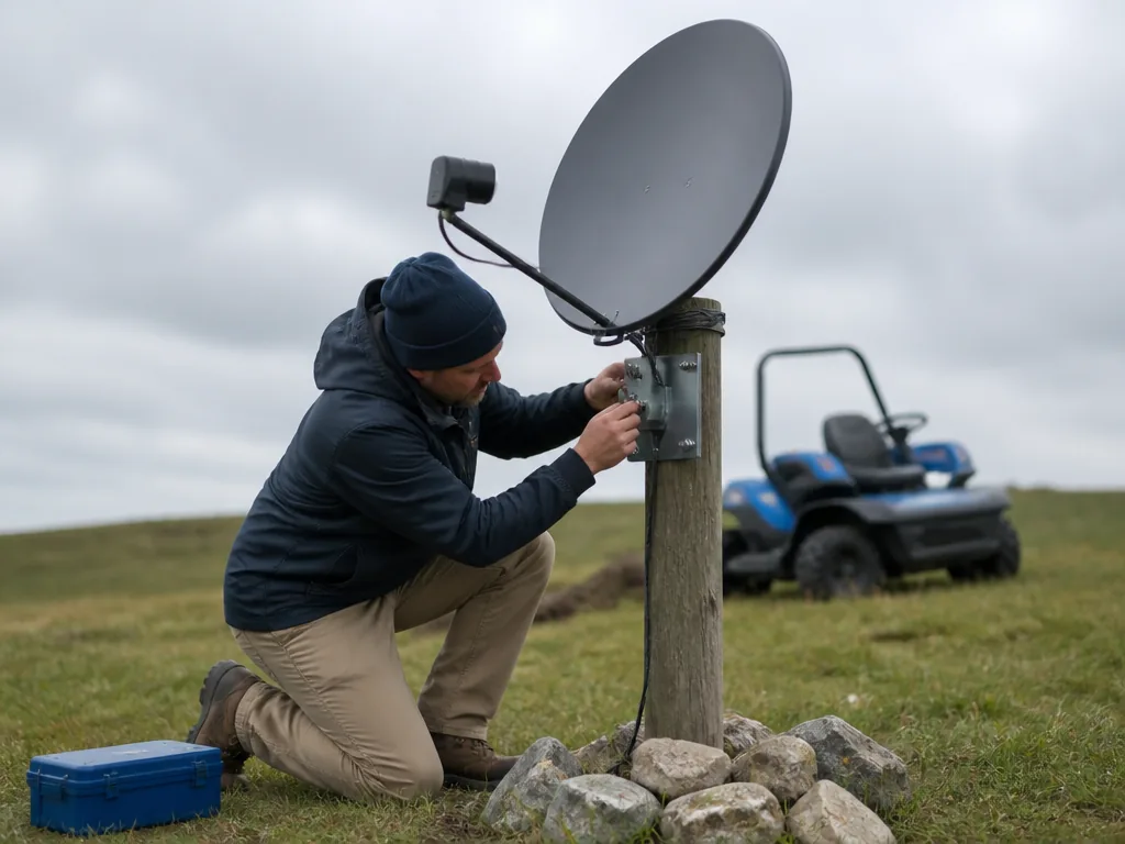 Photorealistic editorial photograph of a technician kneeling to adjust a satellite antenna mounted on a wooden post in a