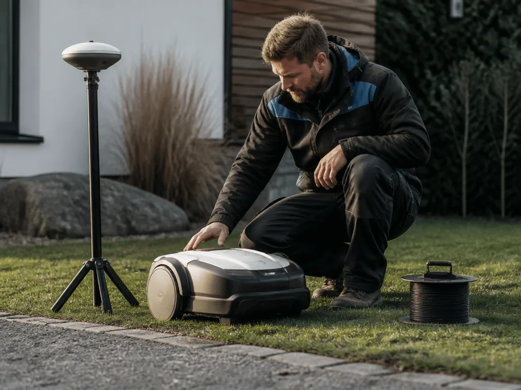 Robot tondeuse Kress ou Husqvarna tondant une pelouse dans un jardin ensoleillé