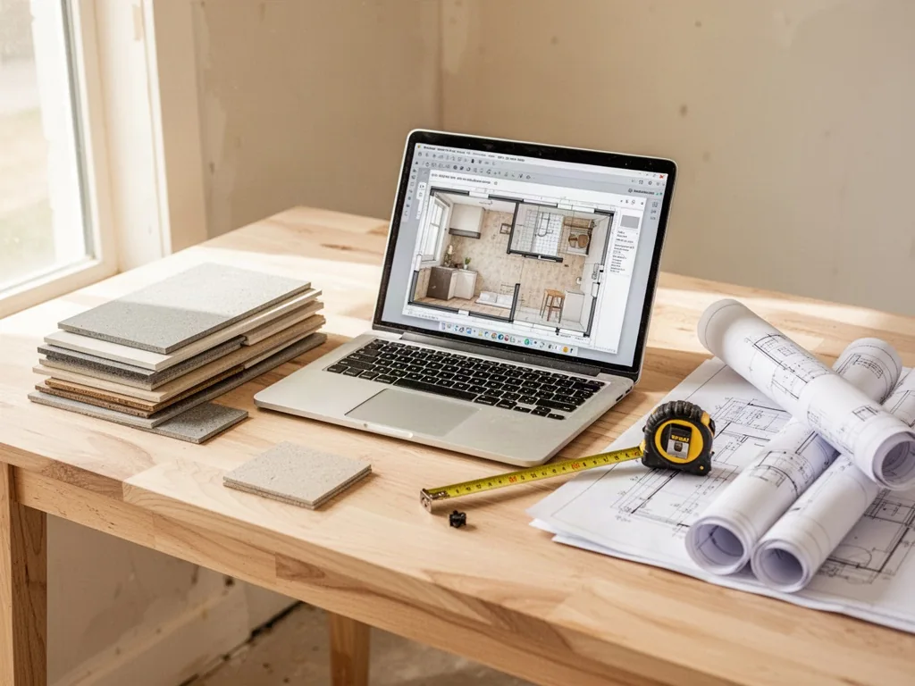A bright renovation planning desk with a laptop displaying a digital room layout, stacked material samples, a tape measu