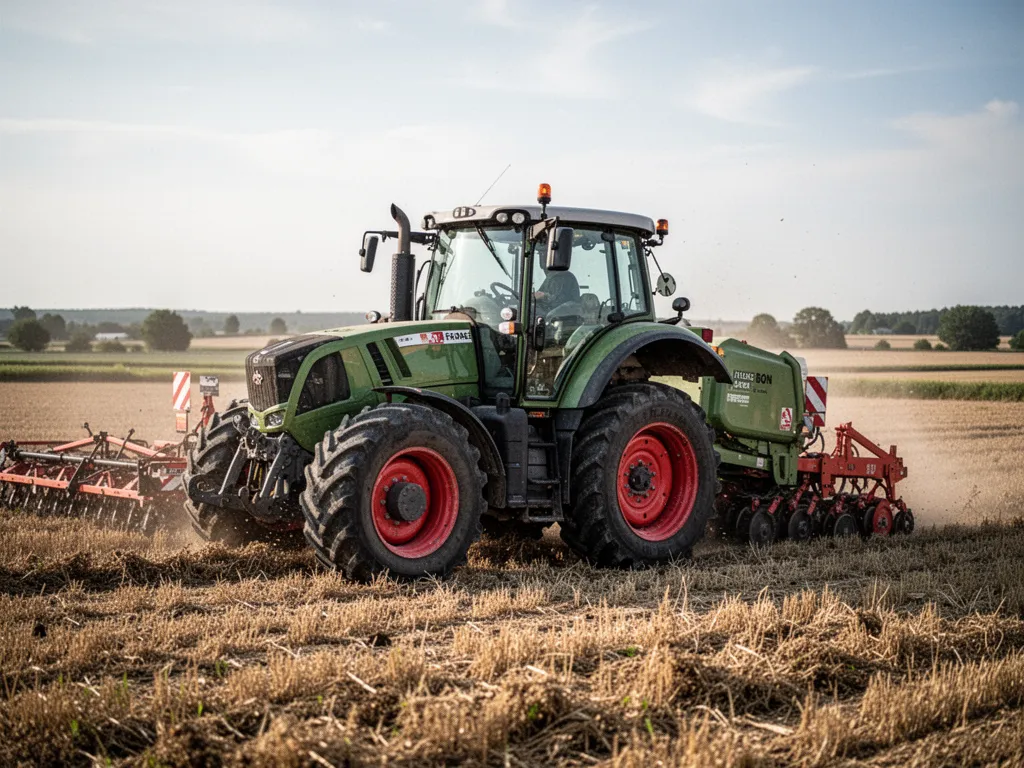 Tracteur agricole attelé à un outil dans une parcelle de grandes cultures en France